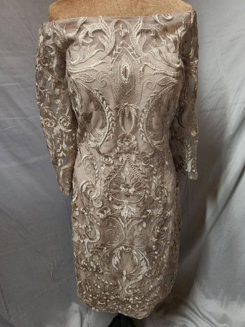 NWT JJs House Taupe Lace Embroidered Mother of the Bride/ Cocktail Dress Sz US16